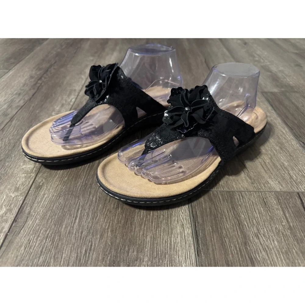 Clarks Laurieann Gema Black Flower Thong Sandals Women's US‎ 9